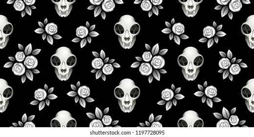 Several Cat's Lives. Vector seamless pattern formed from cat skulls and rose flowers on a black background.