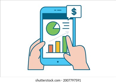 Several charts and financial data are displayed on the mobile phone in hand