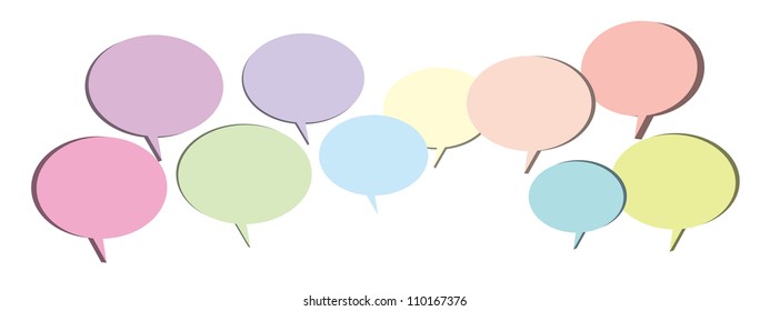 Several chat or talk bubbles in pastel colors on white isolated background.