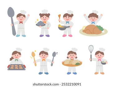 Several chefs are cooking in various poses.