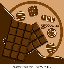 Varias barras de chocolate, refrigerios de chocolate, chocolate fundido y texto en negrita en forma circular sobre fondo marrón claro Día Nacional del Chocolate el 28 de octubre