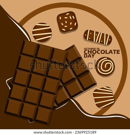 Several chocolate bars, chocolate snacks, melting chocolate and bold text in circle frame on light brown background National Chocolate Day on October 28
