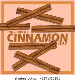 Mehrere Zimtsticks und falter Text im Rahmen auf hellbraunem Hintergrund anlässlich des Nationalen Cinnamon-Tages am 1. November