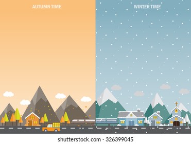 several cityscape of beautiful natural landscapes at different time of the year - winter and autumn, planet earth life cycle concept. vector illustration