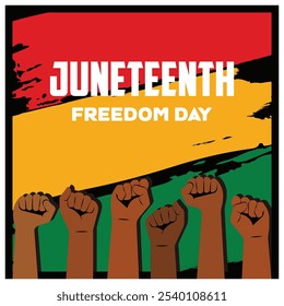 Varias manos apretadas en colores panafricanos. Día de la libertad de la esclavitud en África. Concepto Juneteenth. Ilustración vectorial plana.