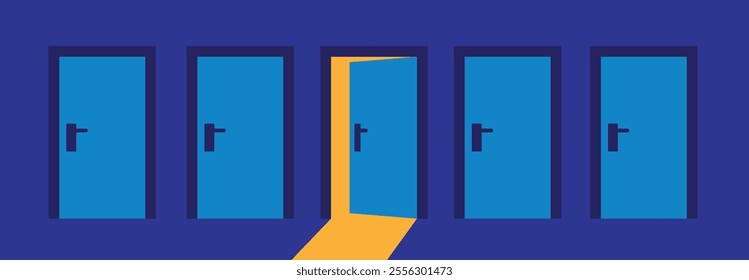 Several Closed Doors and One Open with Light Shining Through. Business opportunity topics and concept vector art