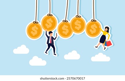 Several coins hanging from a string with a businessman hold a phone and grip a coin, and a businesswoman hold a shop bag and grip a coin, illustration of dependence on liquidity assets