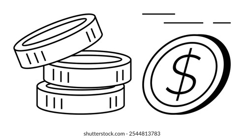 Várias moedas são empilhadas com uma moeda tendo um símbolo de dólar proeminente. Ideal para finanças, bancos, moeda, economias e investimentos. Linhas limpas e design minimalista. Preto-e-branco