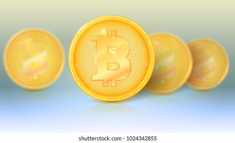 Several coins of virtual currency Bitcoin with glare and reflections. Icon, golden money of bitcoin with blur and soft focus. Symbol of technology, crypto currency. Template for poster.