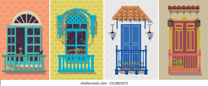 several colonial balconies vector illustrations