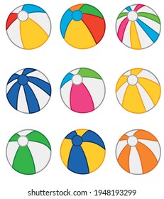 Varios colores para el balón de playa. Ilustración del aislamiento de las pelotas de playa sobre fondo blanco. Ilustración vectorial.