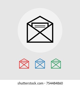 Several color options opened by mail icon. Vector illustration.