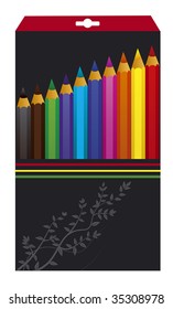 Several color pencils in a box decorated with floral ornaments. A black box is isolated against white background.