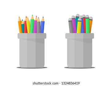 Several color pencils in a cup. Vector Illustration