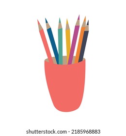 Several color pencils in a cup. Vector Illustration.