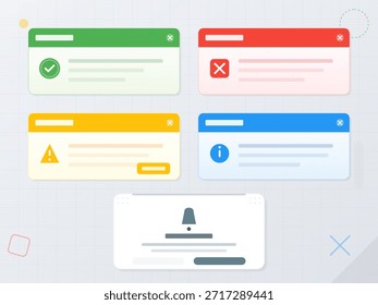 Vários alertas coloridos e notificações são mostrados em uma interface de usuário. Cada caixa indica diferentes mensagens, como sucesso, erro, aviso e informações para o usuário.