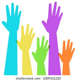 Several colored hands raised as you would see in a classroom.