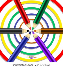 Several colored pencils decorated with colorful circles, with bold text on white background to celebrate National Coloring Day on September 14
