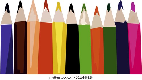 Several colored pencils on white.