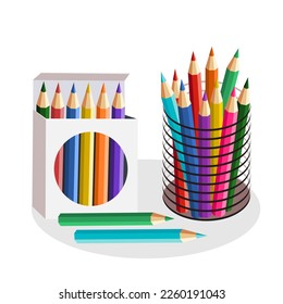 Several colored pencils placed in cardboard boxes and plastic baskets.vector illustration isolated on white background.