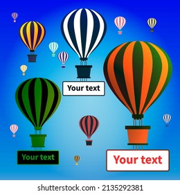 Several colorful balloons flying in blue sky. Striped colorful domes. Banners for text under three baskets. Cloudless blue sky background. Freedom, travel, fun and mobility symbol. Adventure theme.