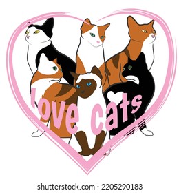 Several colorful cats sitting closed by heart and text love cats vector image