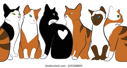Several colorful cats sitting, vector illustration