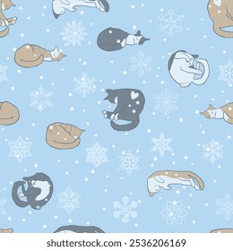 Several colorful cats sleeping among the snowflakes, seamless vector pattern