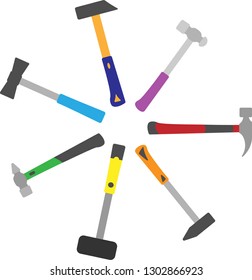 Several colorful hammers for different tasks.