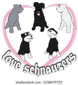 Varios schnauzers coloridos sentados cerrados por el corazón y el texto adoran schnauzers imagen vectorial