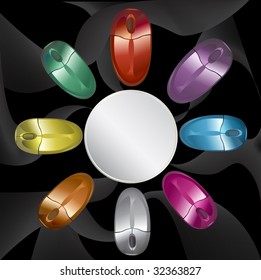 Several computer mice in various colors arranged around a circle