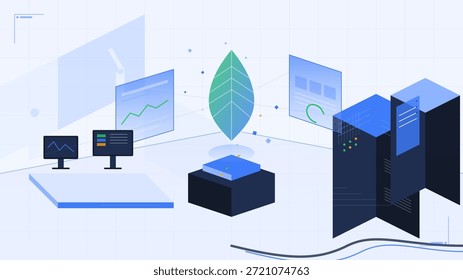 Varias pantallas de computadora muestran gráficos y gráficos de datos en una oficina moderna. Un gráfico central representa el flujo y el análisis de datos. Esta escena captura un ambiente de trabajo ocupado enfocado en el crecimiento.
