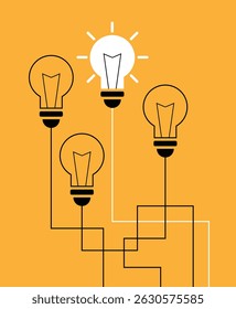 Several Connected Light Bulbs One is Ignited and Working Line Art. Technology and electricity, bright idea generation and success in business