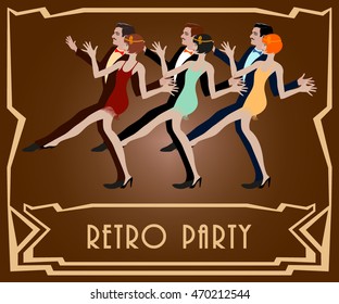 Several couples dancing the Charleston: Retro party invitation design template. Vector illustration.
