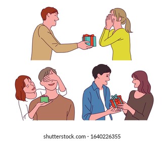 Several couples are handing gift boxes to their beloved lovers. hand drawn style vector design illustrations. 