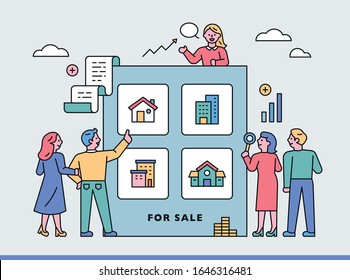 Several couples are searching for a variety of real estate. flat design style minimal vector illustration.