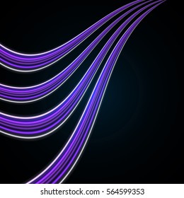 Several curved striped waves glowing purple on a dark background. Vector background