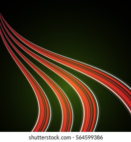 Several curved striped waves glowing red on a dark background. Vector background