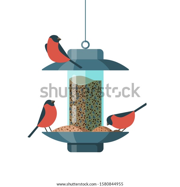 Several cute cartoon\
bullfinches at the bird feeder. Illustration isolated on white\
background in a flat\
style.