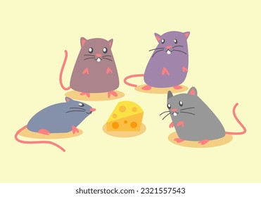 several cute mice of different colors stare at the cheese. flat cartoon. mice, rats, animals, rodents. graphic vector set.