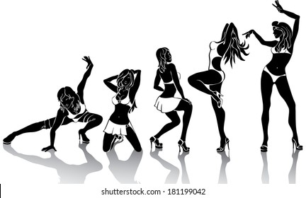 Several dancing female. Set of silhouettes on a white background. Young,energetic,sexy girls with beautiful bodies are dance. Vector illustration. 