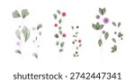 Several delicate watercolor botanical elements are arranged on a clean white background. Slender green stems feature various leafy shapes and small blooming flowers in soft pink and purple hues.