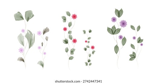 Several delicate watercolor botanical elements are arranged on a clean white background. Slender green stems feature various leafy shapes and small blooming flowers in soft pink and purple hues.