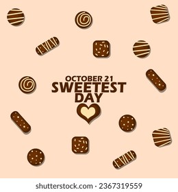 Several delicious chocolate shapes and bold text on light brown background to celebrate Sweetest Day on October 21