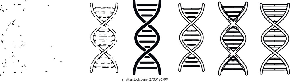 Várias representações de uma estrutura de dupla hélice de DNA, algumas mais detalhadas do que outras.