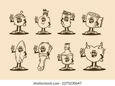 several design mascot characters with hands forming peace symbol