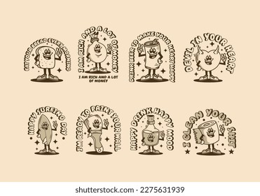 several design mascot characters with hands forming peace symbol