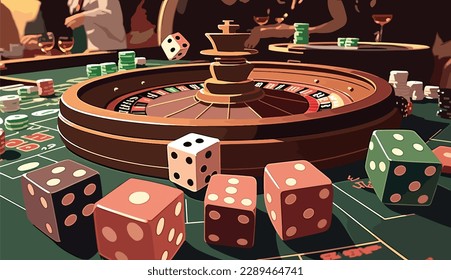 Several dice on the table, casino background, colorful illustrations.