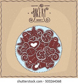 Several different appetizing gingerbread decorated with glaze, lie in a heap on the plate. Top view. Brown background. Handmade cartoon style. Vector illustration