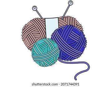 Several different balls of yarn for knitting and knitting needles - vector full color illustration. Knitting kit - yarn and knitting needles. Materials for needlework.